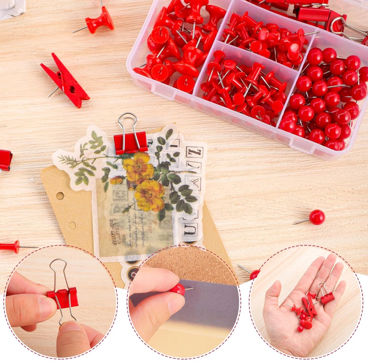 BESARME 200 Pieces Red Push Pins, 5 Style Thumb Tacks Decorative Pins for Cork Board Bulletin Wall Craft Office Home Supplies