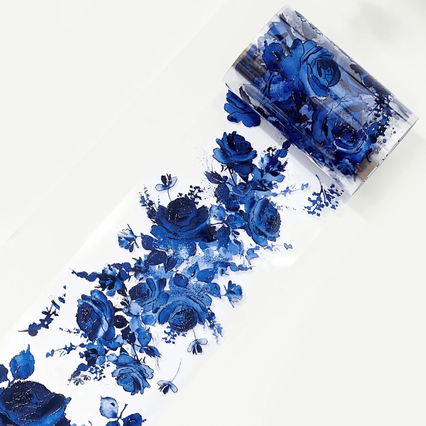 WT Cobalt Blue Wide PET Tape, Single Roll, Original Designs, Floral Decors, Transparent Clear Adhesive, Junk Journal Scrapbook Bujo Planner DIY Craft Supplies Gifts, Watercolor Flower