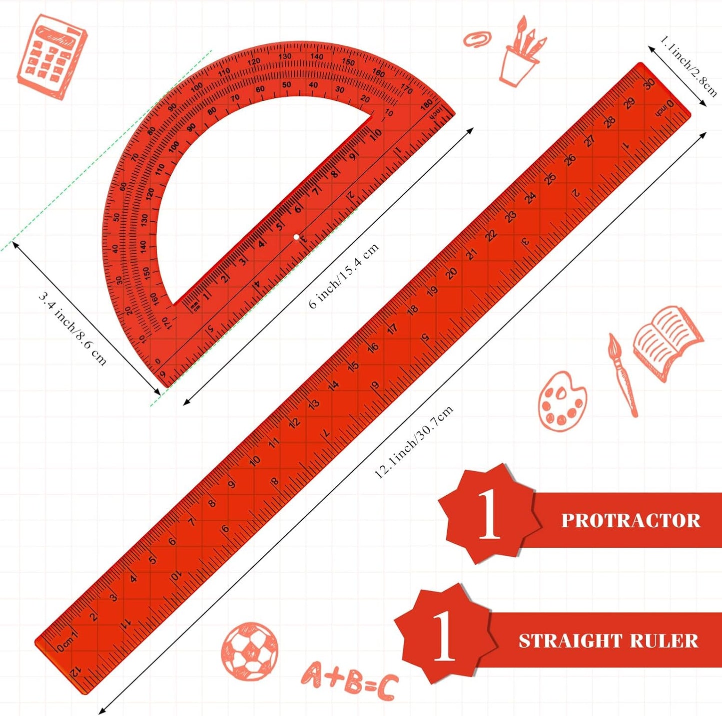 Zonon 2 Pack 12'' Plastic Ruler and 6'' Plastic Protractor Set Clear Ruler Protractor Set Math Geometry Supplies for School Classroom Home Office Drawing (Red)