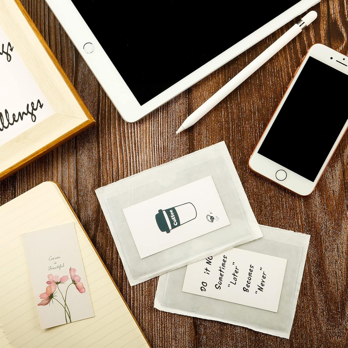 Chinco 50 Pack Clear Adhesive Pockets, Labels for Storage Bins, Plastic Self Adhesive Index Card Holder with Top Open for Organizing Bins Box Drawer(3.6 x 4.8 Inches)