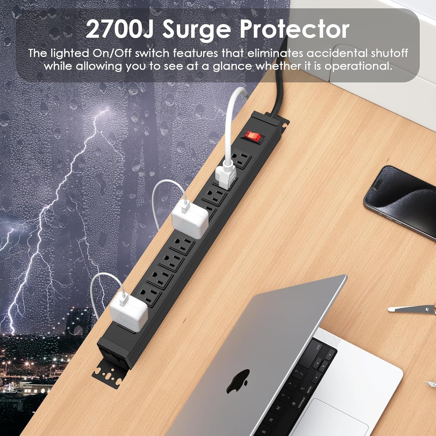 JUNNUJ Multi Angle Mount 10 Outlet Power Strip Heavy Duty, 2700J Surge Protector Under Desk with Switch 15A, Garage Workbench Power Strip Gaming Outlet Table Wall Mountable, 10FT 14AWG Extension Cord