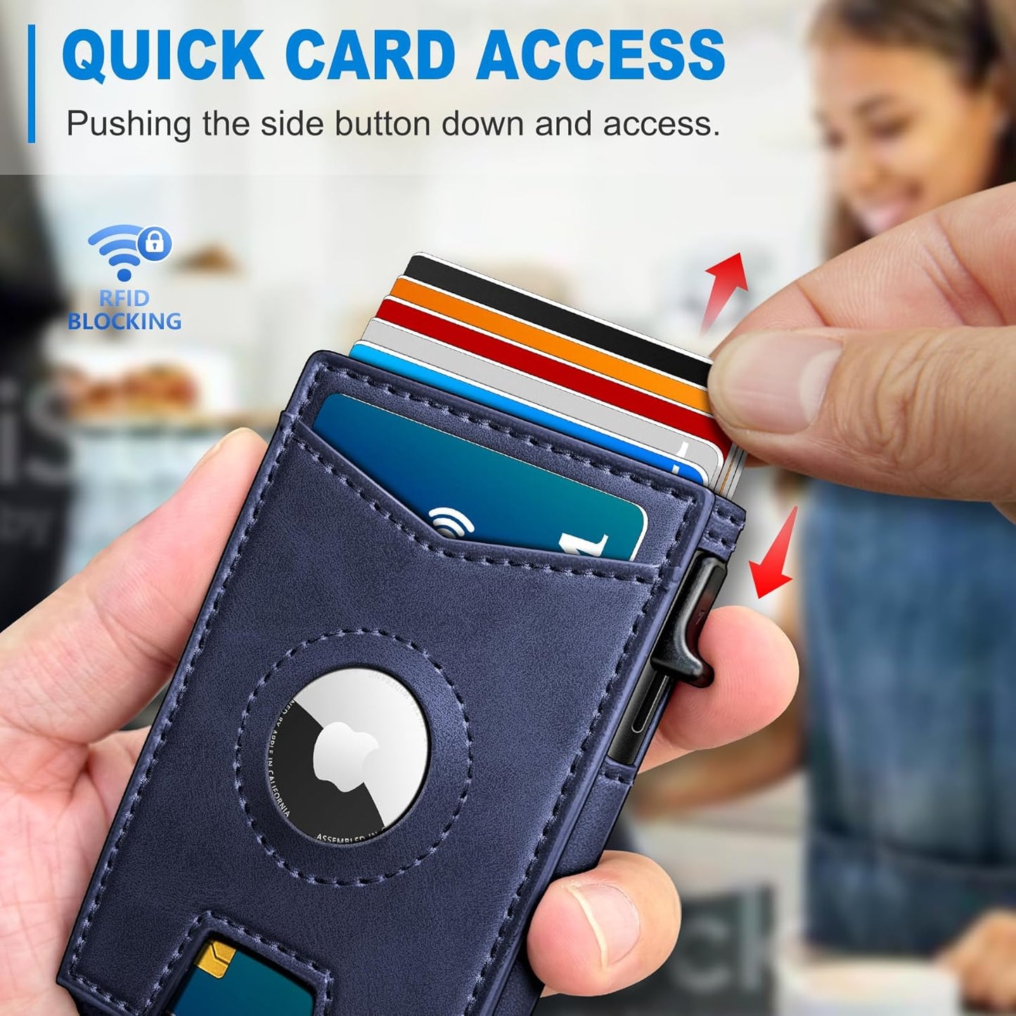 Airtag Wallet for Men,with Money Clip Gift Boxed,Slim Front Pocket Wallet RFID Blocking Metal Case Smart Pop-up Credit Card Holder in Magnetic Leather Flip