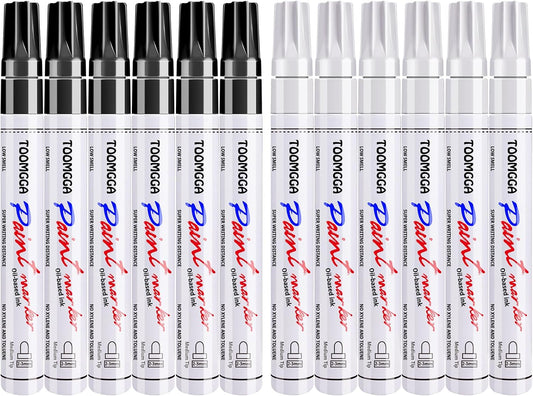 White and Black Permanent Markers Paint Pens - 12 Pack Oil Based Paint Markers, Medium Tip, Quick Drying Pens for Wood, Metal, Rock Painting, Mugs, Canvas, Clothes, Plastic Marking