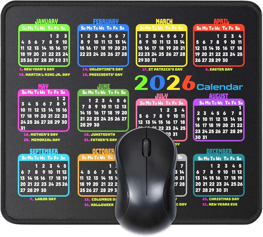 Calendar Mouse Pad 9.5 X 7.8 in, Mouse Pads with Stitched Edges and Non-Slip Rubber Base, Home Office Desk Decor Accessories for Computer Laptop Work Gaming (Black 2026 with Holidays)