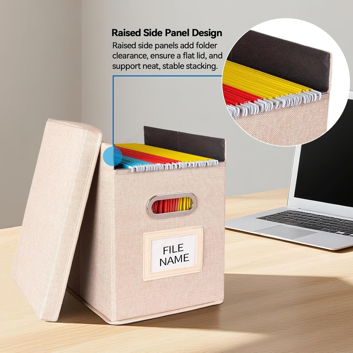 2 Pack Hanging File Folders Organizer with Lid, Letter Size Fabric File Storage Box Collapsible, Portable Office Document Holder with Metal Handle, Smooth PVC Rails, Beige