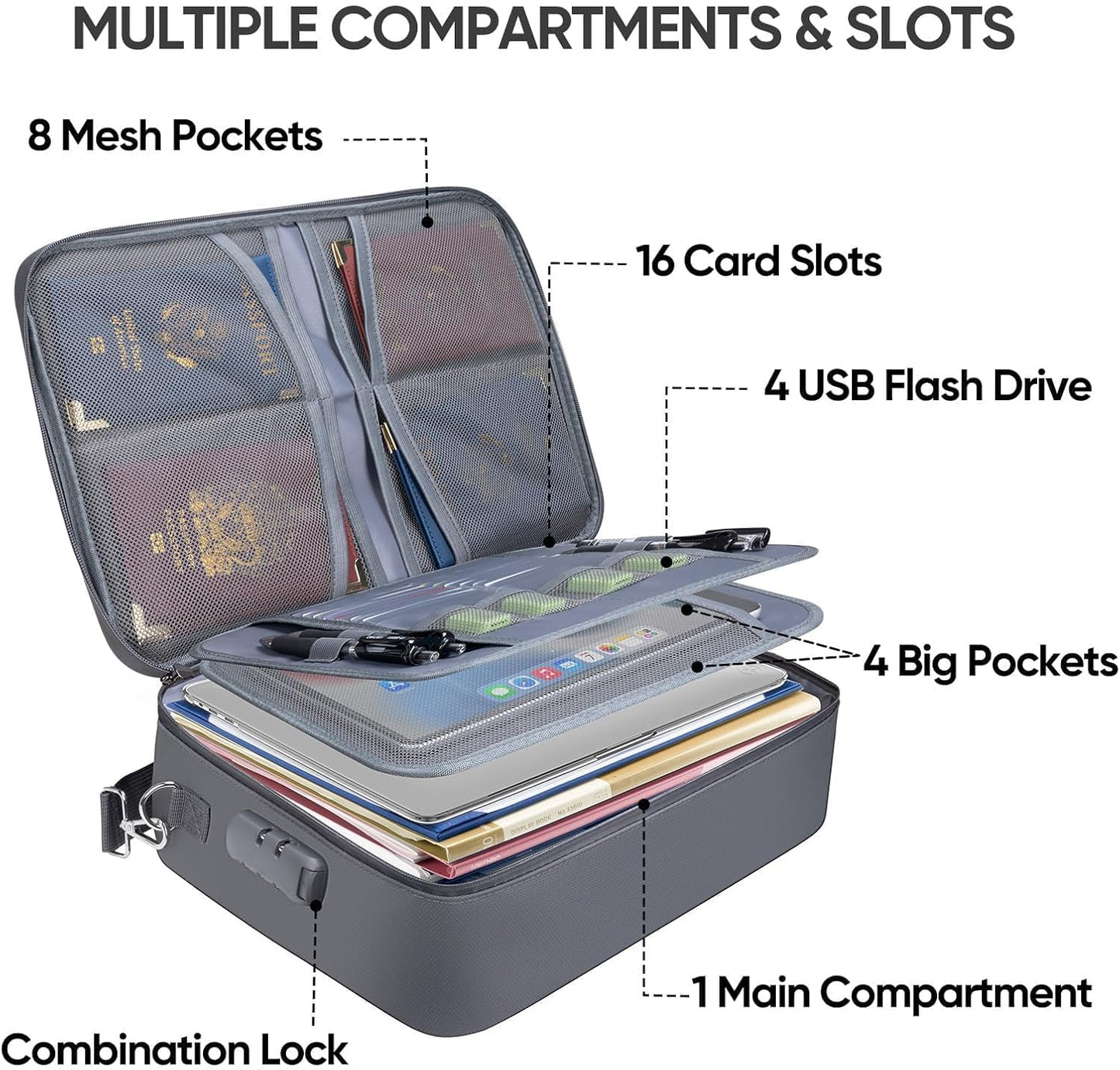 BALEINE Fireproof Document Box with Lock, Portable Fireproof Document Bag Waterproof Fire Proof File Boxes for Documents, File Organizer Box for Important Paperwork (Gray, 15''x11''x4'')