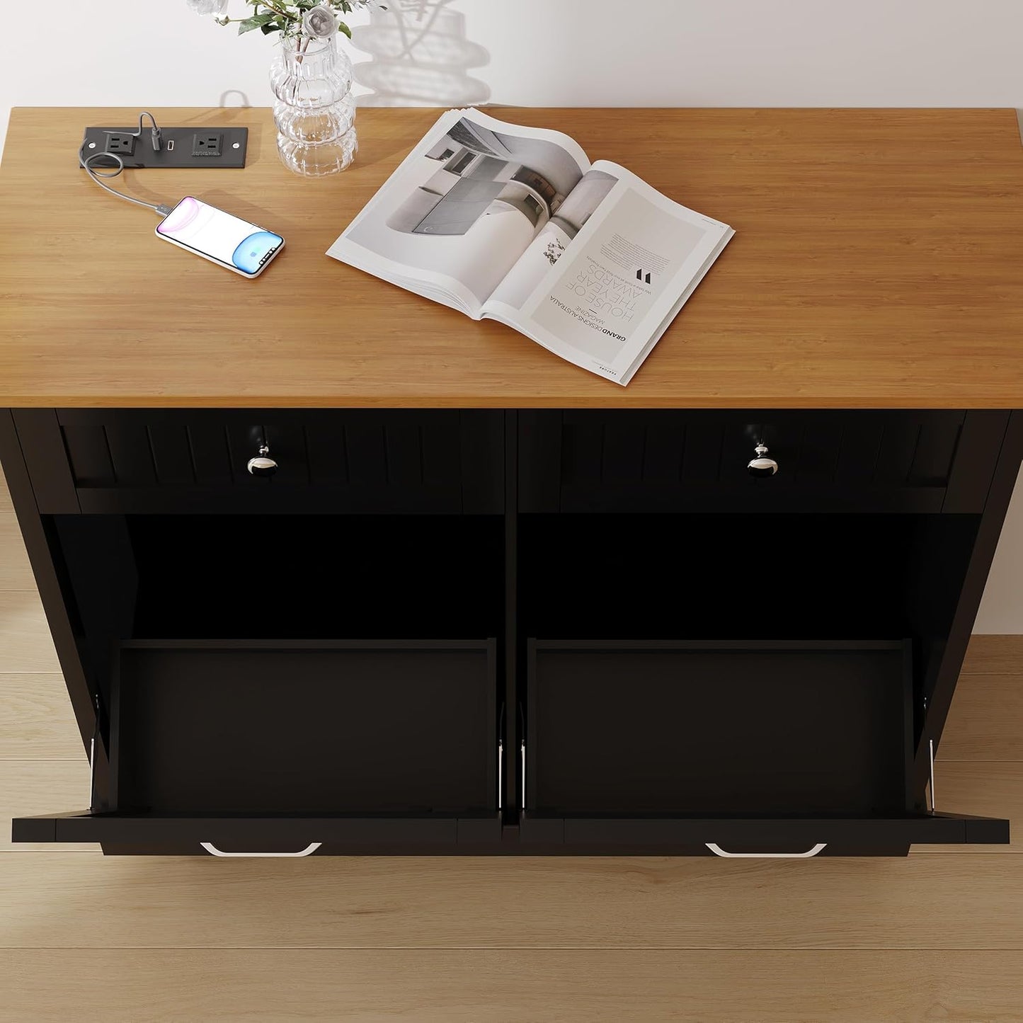 20 Gallon Tilt Out Trash Cabinet, Wooden Kitchen Trash Can Cabinet with Hideaway Drawer, Freestanding Laundry Hamper Garbage Recycling Cabinet on Wheels, Pet Proof, Double, Black