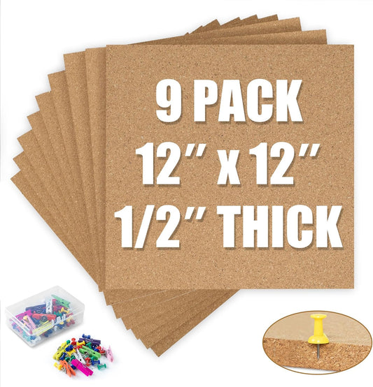 AKTOP Cork Board Bulletin Board 12x12, 1/2" Thick Cork Board Tiles 9 Pack, Small Square Pin Board for Wall, Self Adhesive Corkboards with 120 Push Pin Wood Clips for School, Home & Office