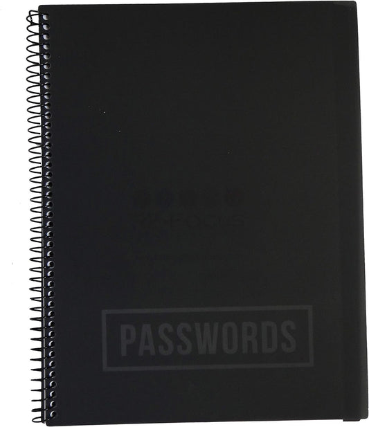RE-FOCUS Password Book with Alphabetical Tabs 10"x7.5" Spiral Bound Credentials keeper Saves All Internet Login Details (Black)