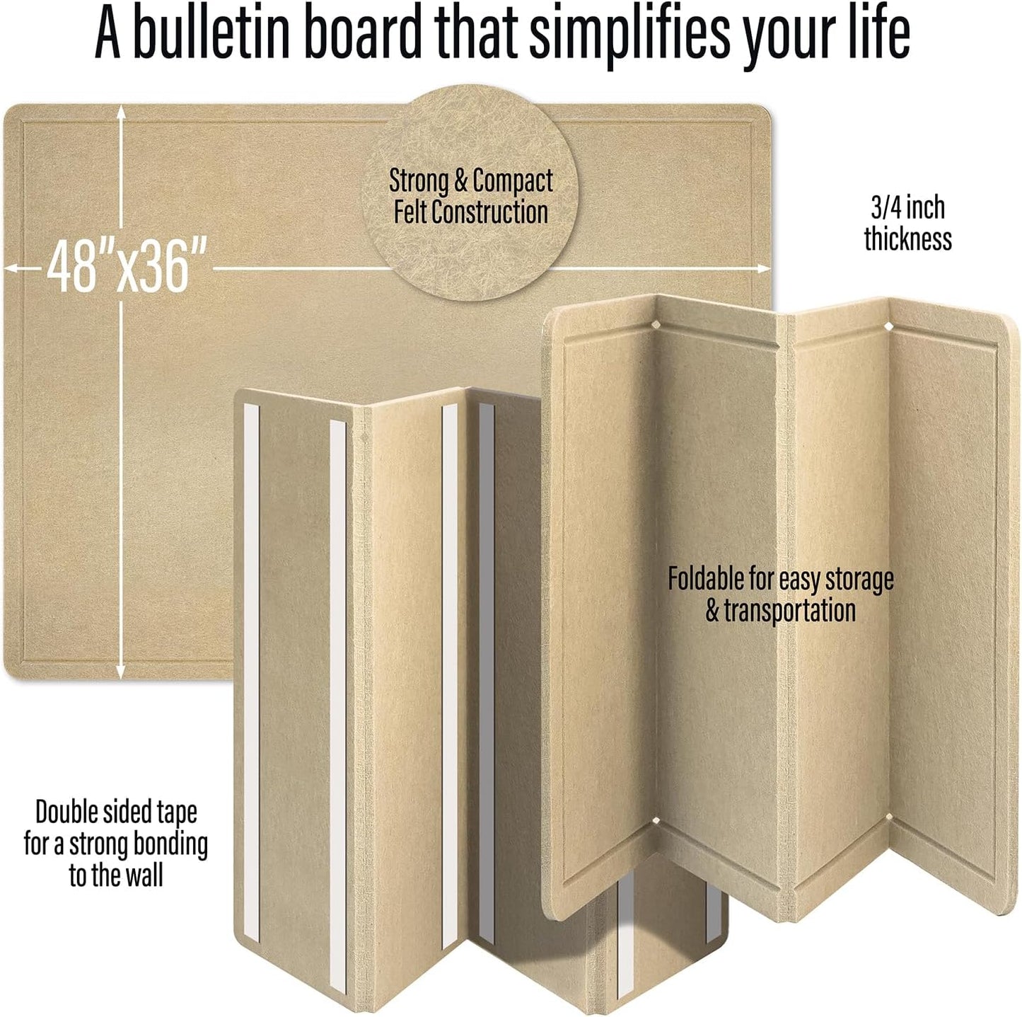 Large Bulletin Board 48 x 36 Inches - Foldable Felt Bulletin Board for Wall, Cork Board Alternative with 57 Wood Pins & 6 Note Pads, Vision Board - Khaki