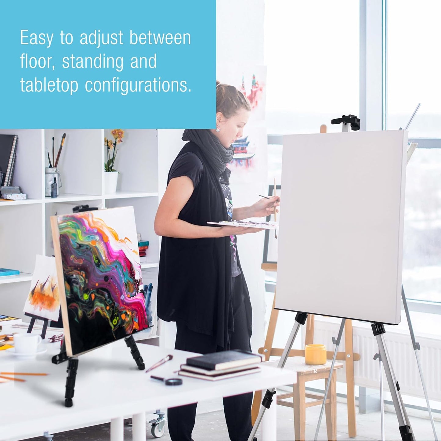 U.S. Art Supply 66" Silver Metal Tripod Easel Display (4 Pack) - Adjustable 18"- 5.5', Holds 36" Canvas - Floor/Tabletop Easel Stand, for Sign Display, Painting, Poster Board, Canvas - Portable Bag