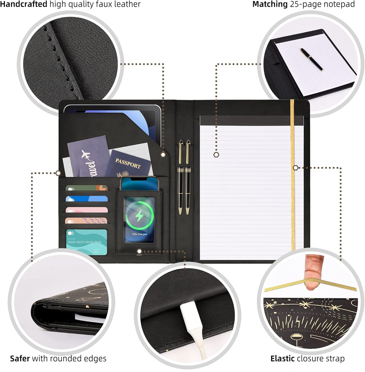 Ospelelf Clipboard Folio with Notepad and Pocket Leather Storage Clipboard Binder Padfolio for Women