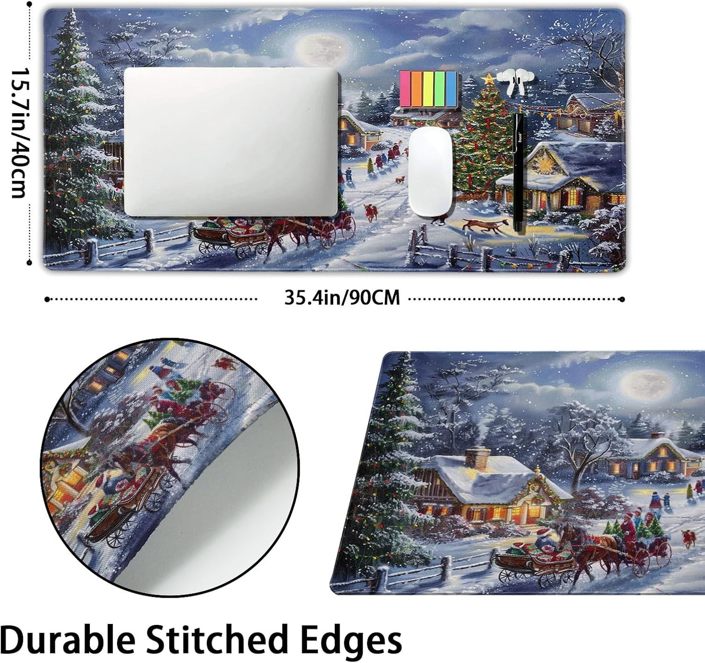 Christmas Gaming Mouse Pad XXL Xmas Tree Deer Snowflake Extended Winter Holiday Large Mat Mousepad Desk Pad Non-Slip Rubber Base Stitched Edge Keyboard Pad Playmat for Computer,35.4×15.7 Inch