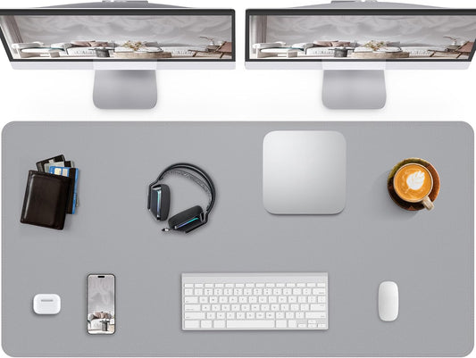 Large Desk Pad Mat - Waterproof Mouse Pad & Desk Protector, Non-Slip XL PU Leather Gaming Mat for Keyboard/Mouse, Stitched Edge with Ergonomic Support, 47"x17" (Light Grey)