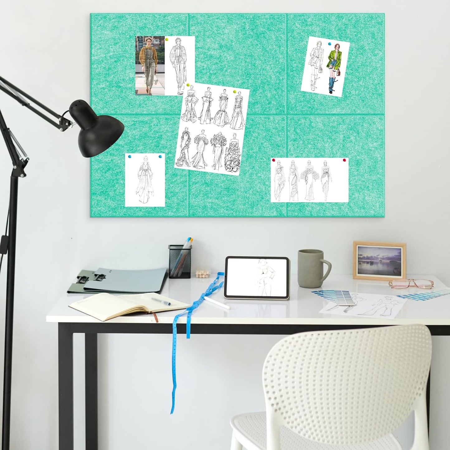 AKTOP Cork Board Bulletin Board 24"x36", 6 Pack Removable Felt Cork Board Tiles for Wall, Large Corkboard Notice Pin Board for Office, School & Home,24 Safe Adhesive Tabs, 20 Push Pins, Lake Blue