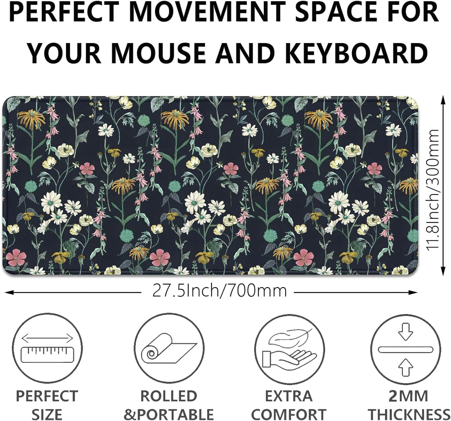 Dark Botanical Flowers Mouse Pad,Extended Black Plant Floral Mousepad Desk Pad with Stitched Edges,Non-Slip Waterproof Rubber Base Mouse Mat for Office Computer Keyboard Laptop Home(27.5x11.8 in)