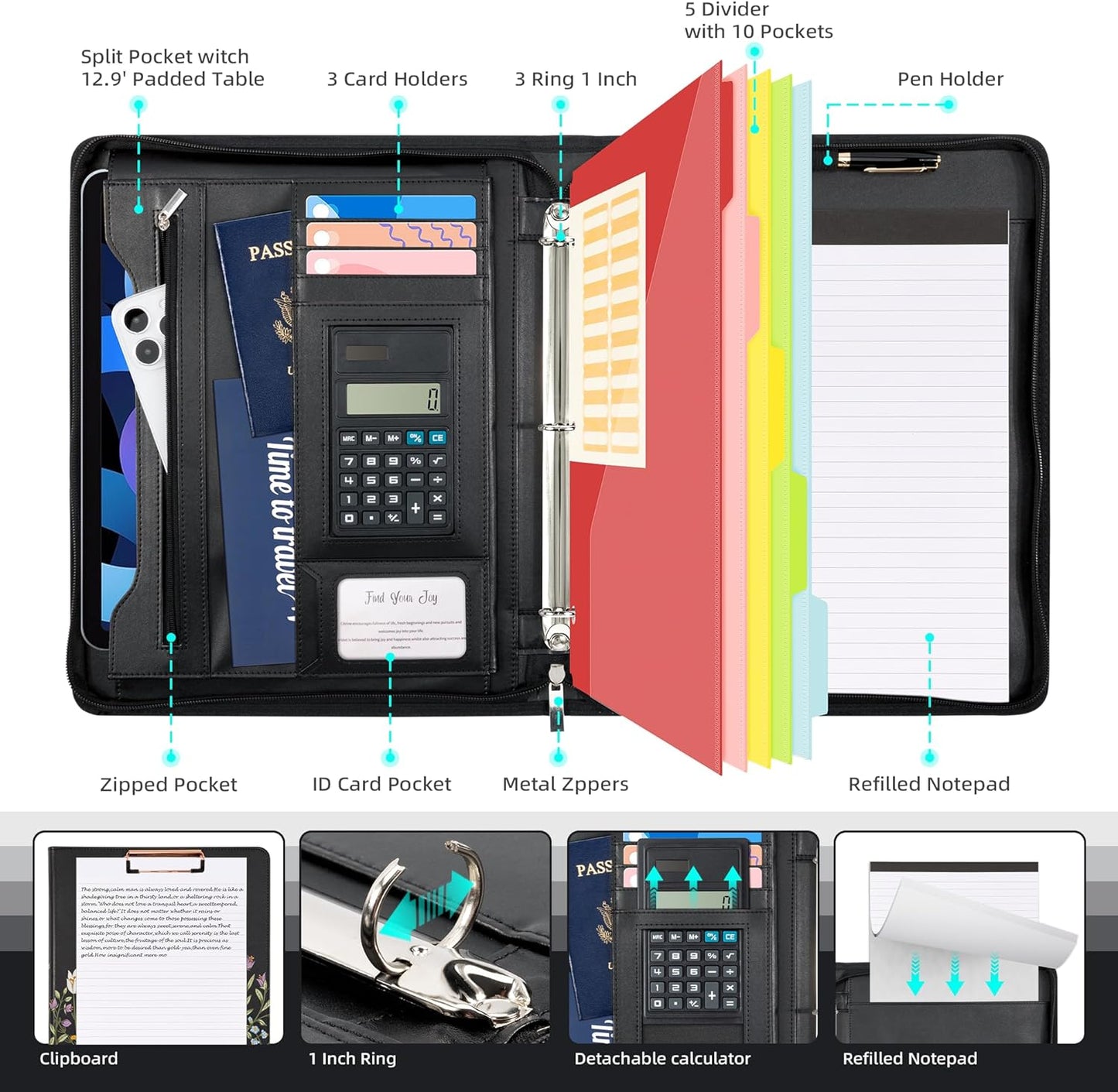 Ospelelf Leather Portfolio Folder with Zipper - 3 Ring Binder with Clipbard - Calculator, 12.1” Tablet Sleeve, 5 Dividers with 10 Pockets, Refillable Notepad, Card Holder (Bushes)