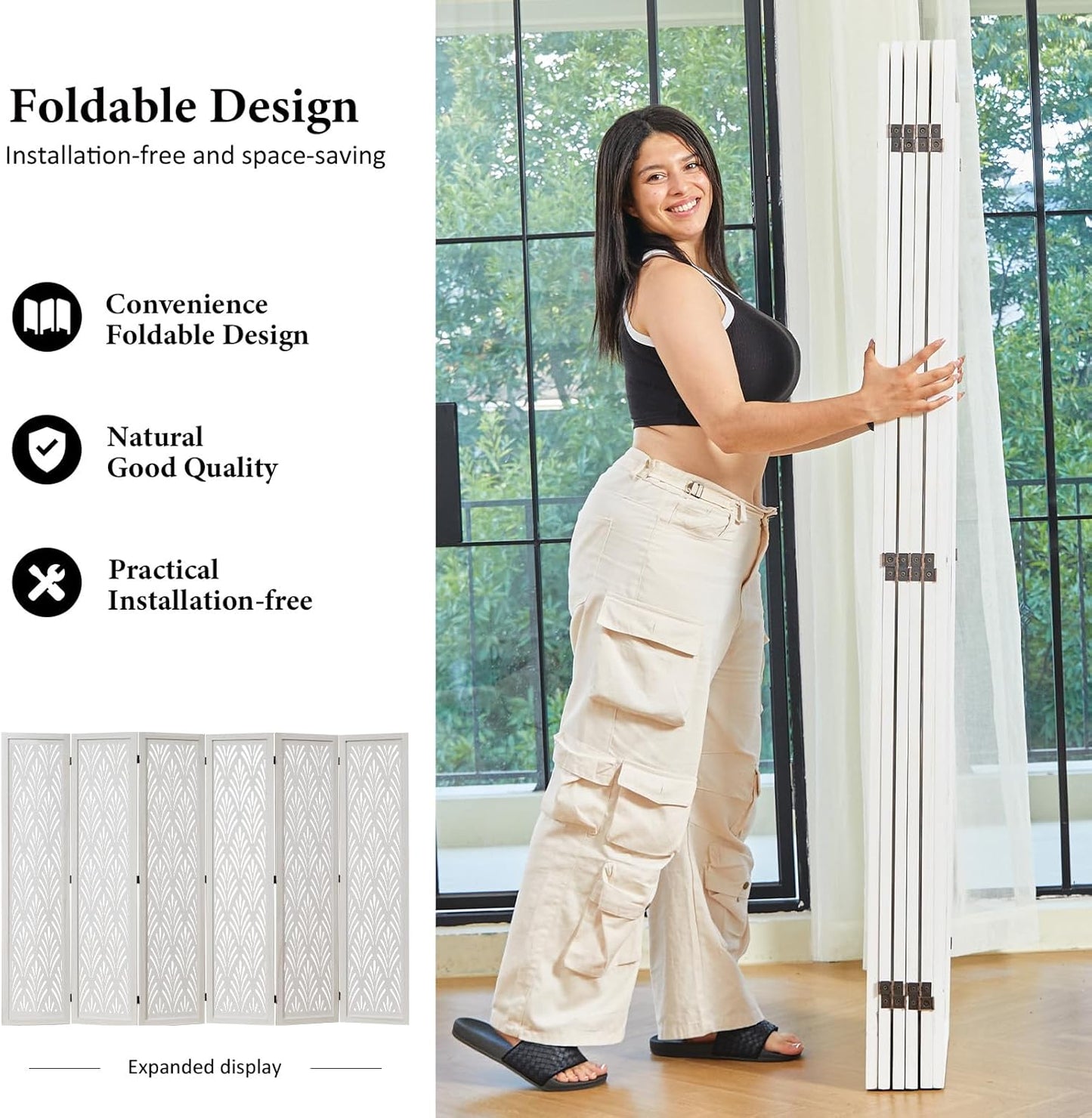 5.6Ft Room Divider Folding Wood Simple Carved Partition Screen for Home Office Garden - 6 Panels (White)