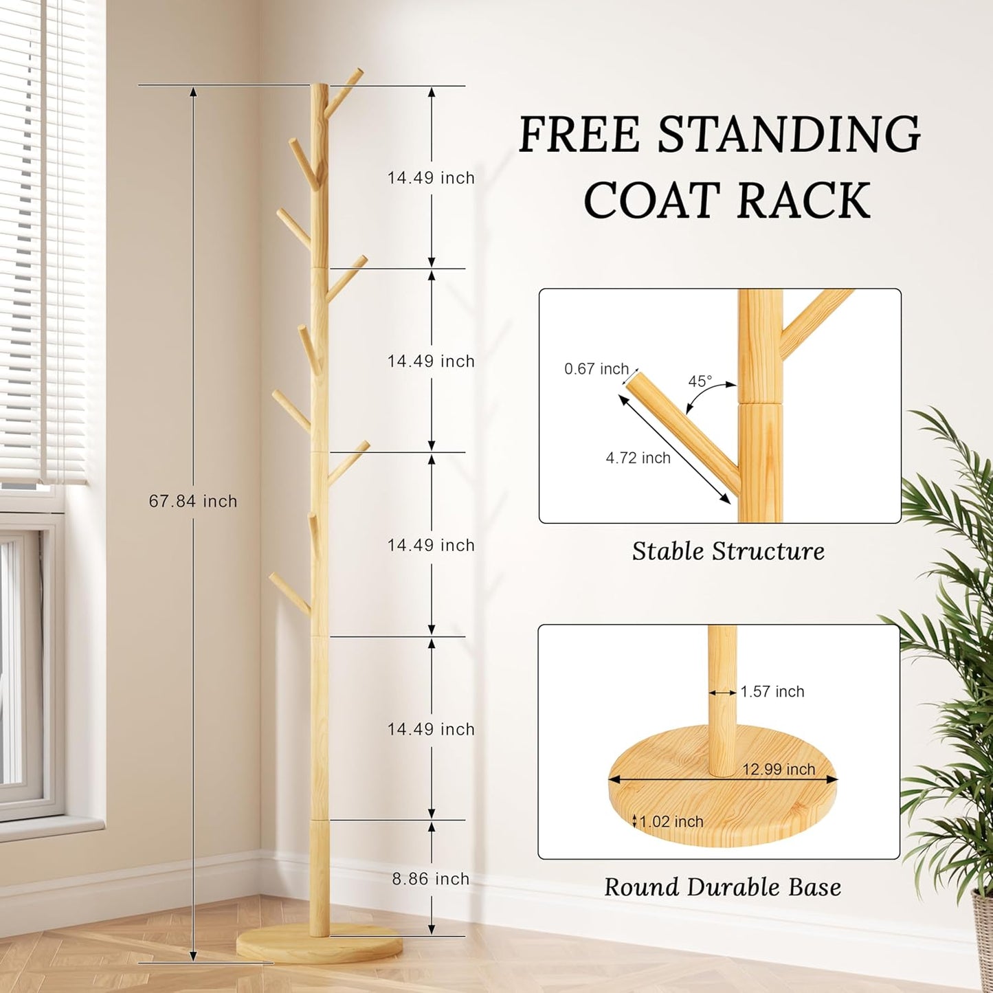 Wooden Coat Rack Freestanding with Round Base, Adjustable 4 Heights Sturdy Coat Hanger Stand 9 Hooks for Hanging Bags, Hats, Save Space Coat Tree for Narrow Place, Entryway, Bedroom, Office (Natural)