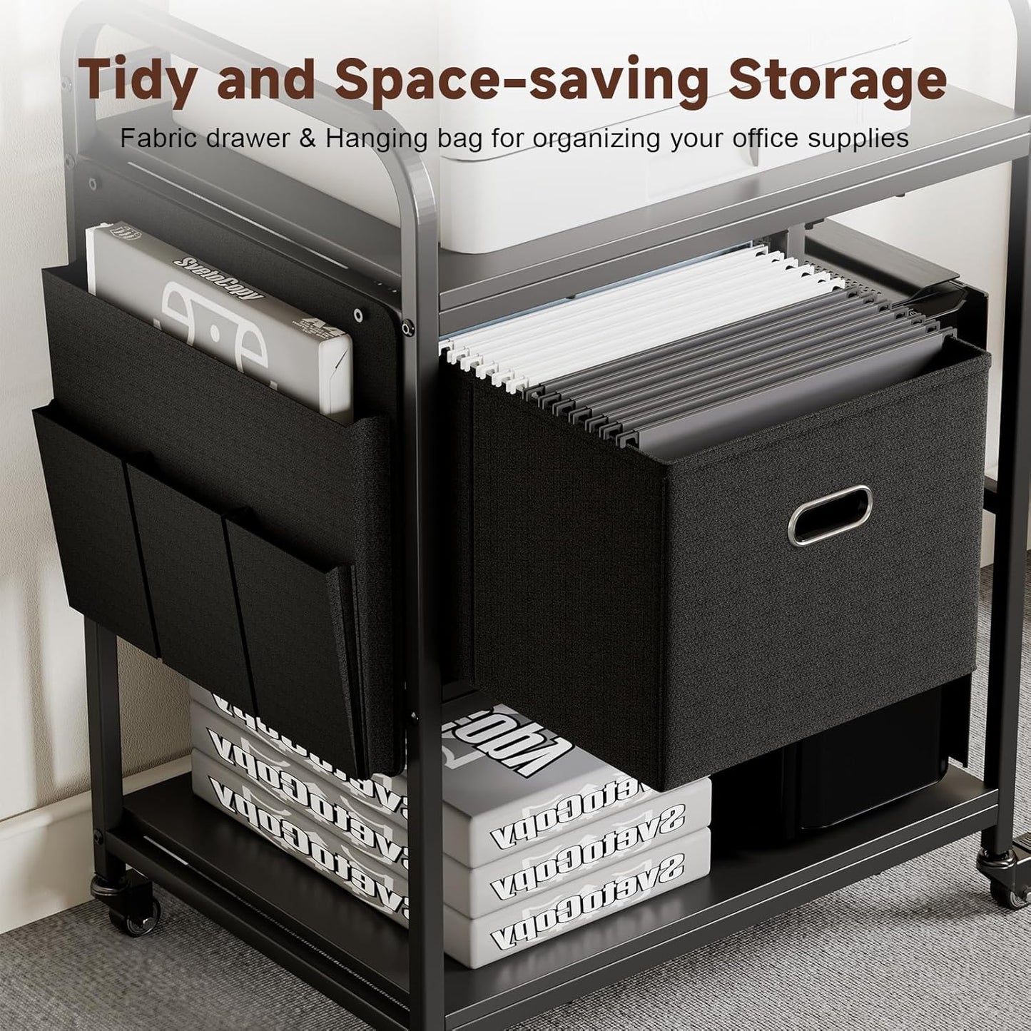 Large Printer Stand with Removable Storage Drawer, Mobile Printer Table with Charging Station for Home Office, Rolling Industrial Printer Cart with Wheels for Scanner Fax PC Tower (Black)