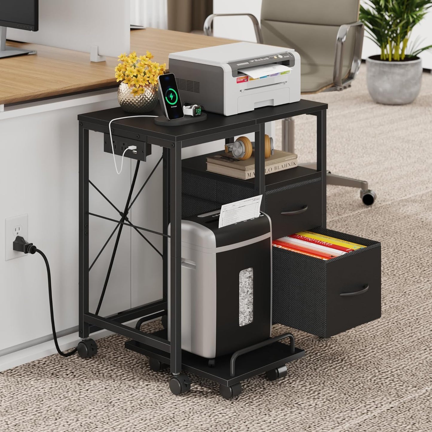 Printer Stand with Power Outlet/Fabric Drawers, Printer Cabinet with Storage Shelf and Rolling Shredder Stand, Printer Table for Home Office, 22.8"×15" Black