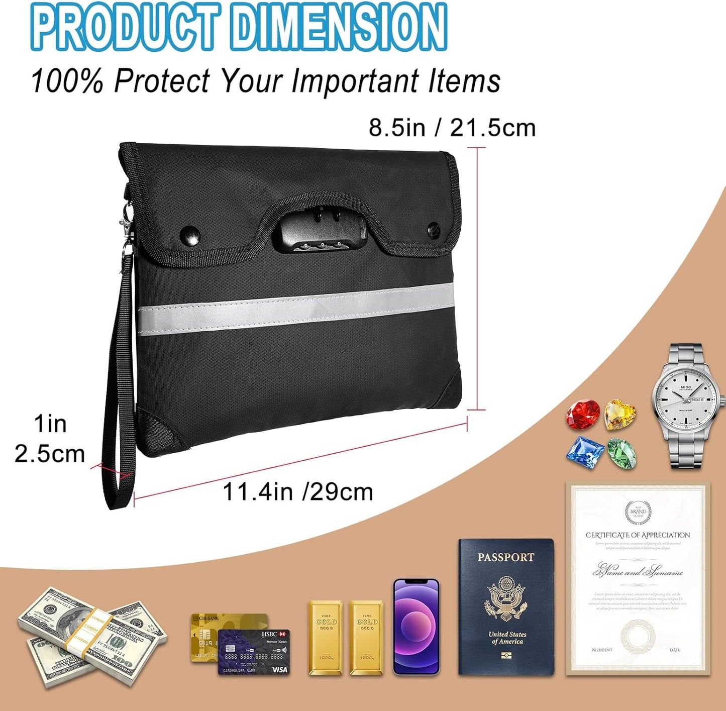 HOMELYLIFE Fireproof Docuement Bag, A5(11.4*8.5'') 6200°F Fire & Waterproof,Extra Thick Fireproof Cotton Lined for Home/Office,Secure Storage for Valuables,Cash,Contracts,Jewelry & Important Documents