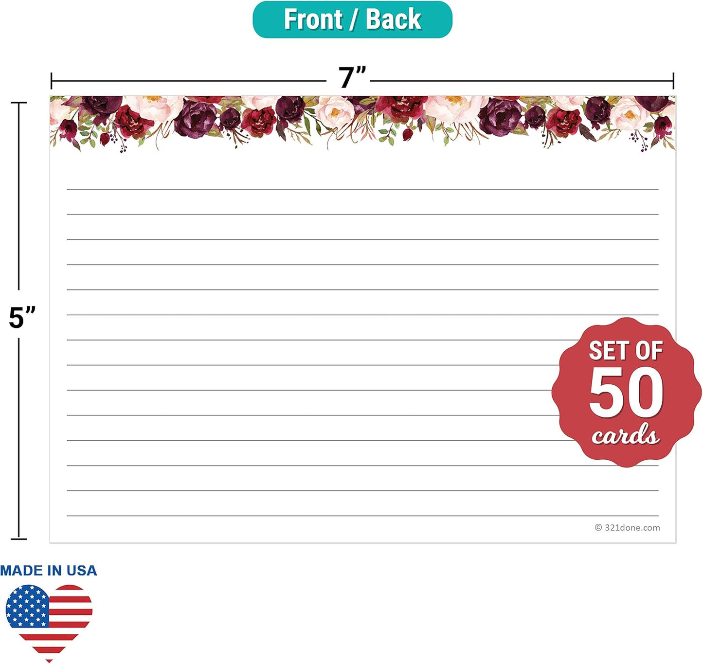 321Done Jumbo Floral Index Cards - Made in USA – Large 5x7 (Set of 50), College-Ruled Lined Notecards Double-Sided, Thick Heavy Duty Cardstock, Cute Pretty Flowers Red Roses on White Note Cards, XL