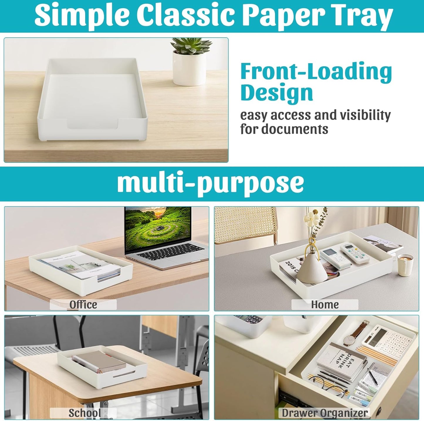 Letter-Size Tray Desk Letter Tray Paper Tray, Sturdy Heavy-Duty Plastic Printer Paper Tray, Single-Tier Stackable File Storage Organizer for Office Home (2, White)