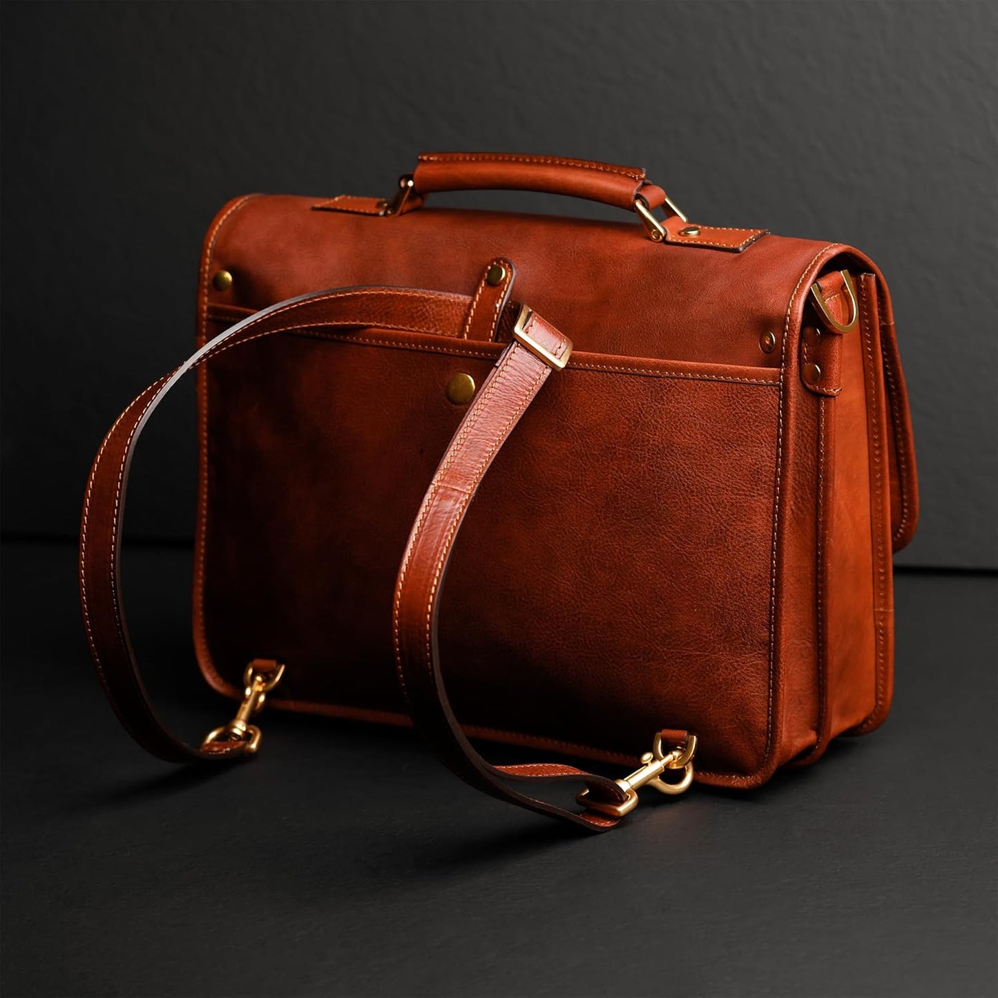 Time Resistance Leather Briefcase – Italian Handmade Leather Laptop Bag – Briefcase Convertible into Backpack