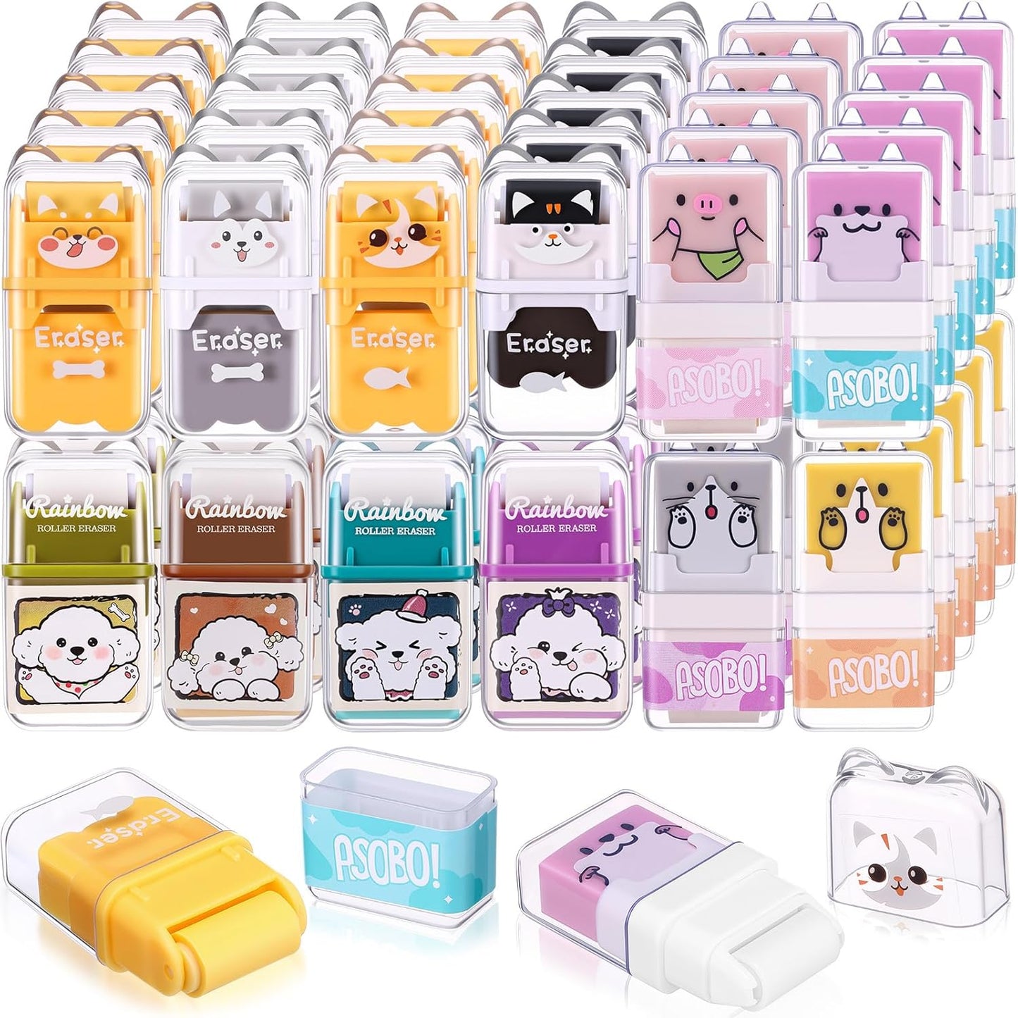 Seajan 44 Pcs Erasers for Kids Gift Bulk Cute Animal Themed Pencil Eraser with Clean up Roller for School Party Christmas Favors (Cute)