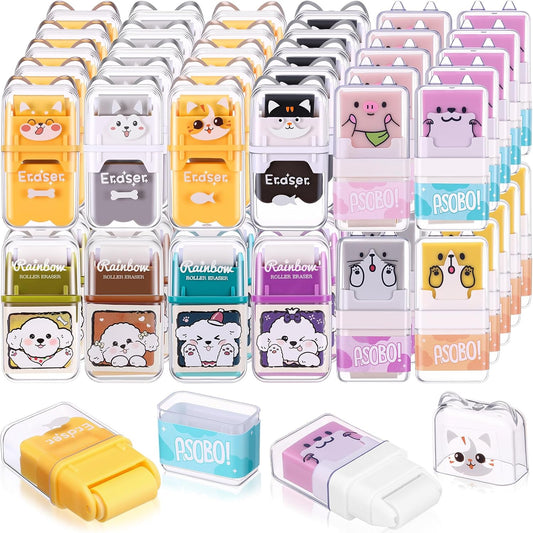 Seajan 44 Pcs Erasers for Kids Gift Bulk Cute Animal Themed Pencil Eraser with Clean up Roller for School Party Christmas Favors (Cute)