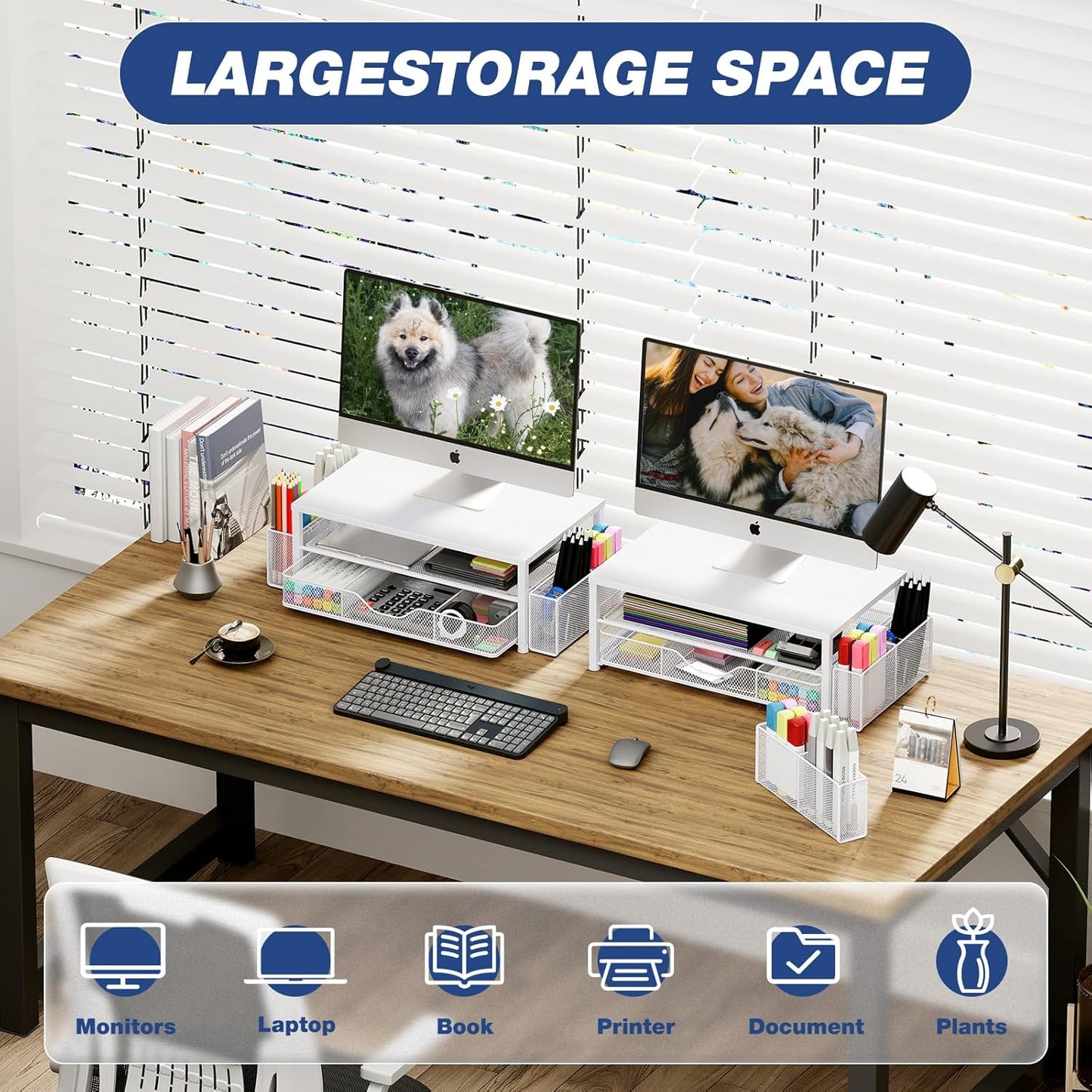 Desk Organizers and Accessories, 2-Tier Computer Monitor Stand Riser with Drawer and 2 Pen Holders, Laptop Stand, Office Desk Accessories for Office Supplies, White