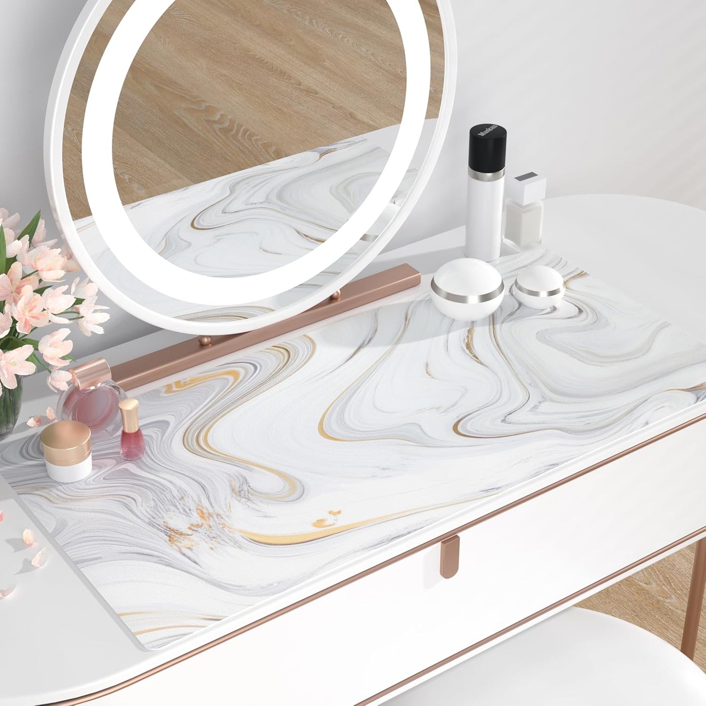 QIYI White Mouse Pad, Cute Marble Large Desk Mat, PU Leather Desk Protector Mousepad, Gold Grey Striped Waterproof Computer Keyboard Gaming Mouse Pads, Non Slip Extended Writing Pad 31.5" x 15.7"