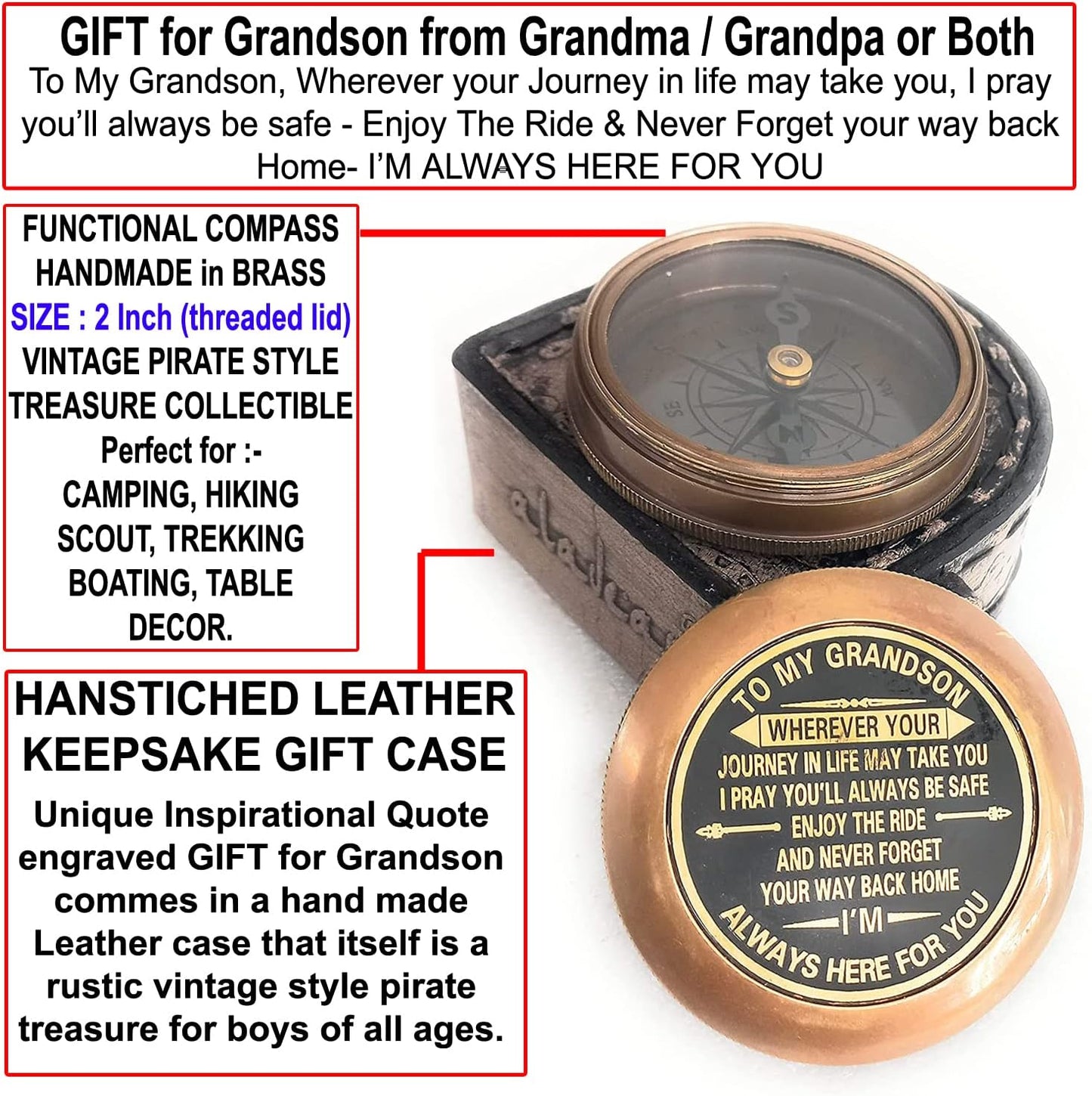 Gift for Grandson Brass Compass Engraved Quote | Memory Present to My Grandson Birthday, Baptism, Graduation, Confirmation, Love, Gift idea by Grandpa Grandma