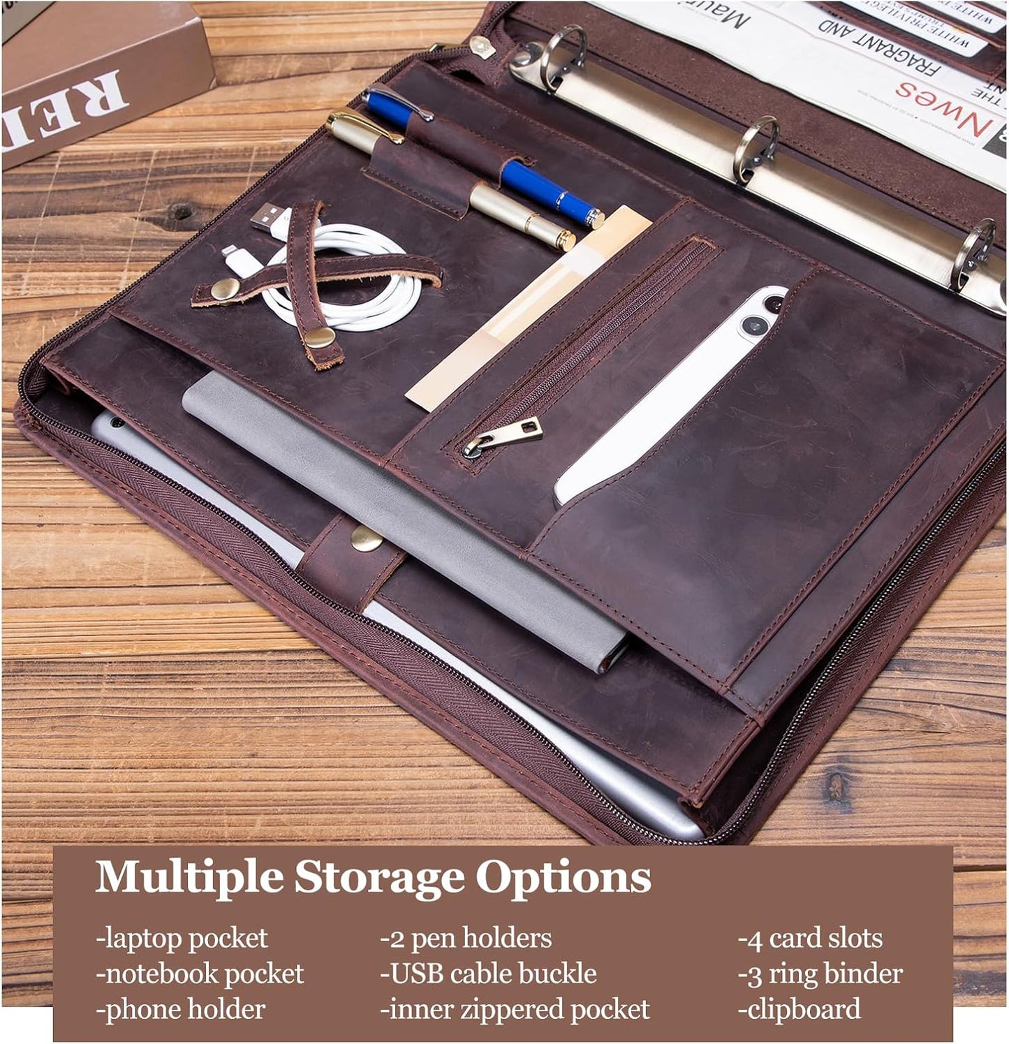 Genuine Leather Portfolio 3 Ring Binder with Clipboard, Hidden Handle, 8.5 x 11 Zippered Padfolio, Business Organizer Professional Executive Folio for Men and Women, Dark Brown