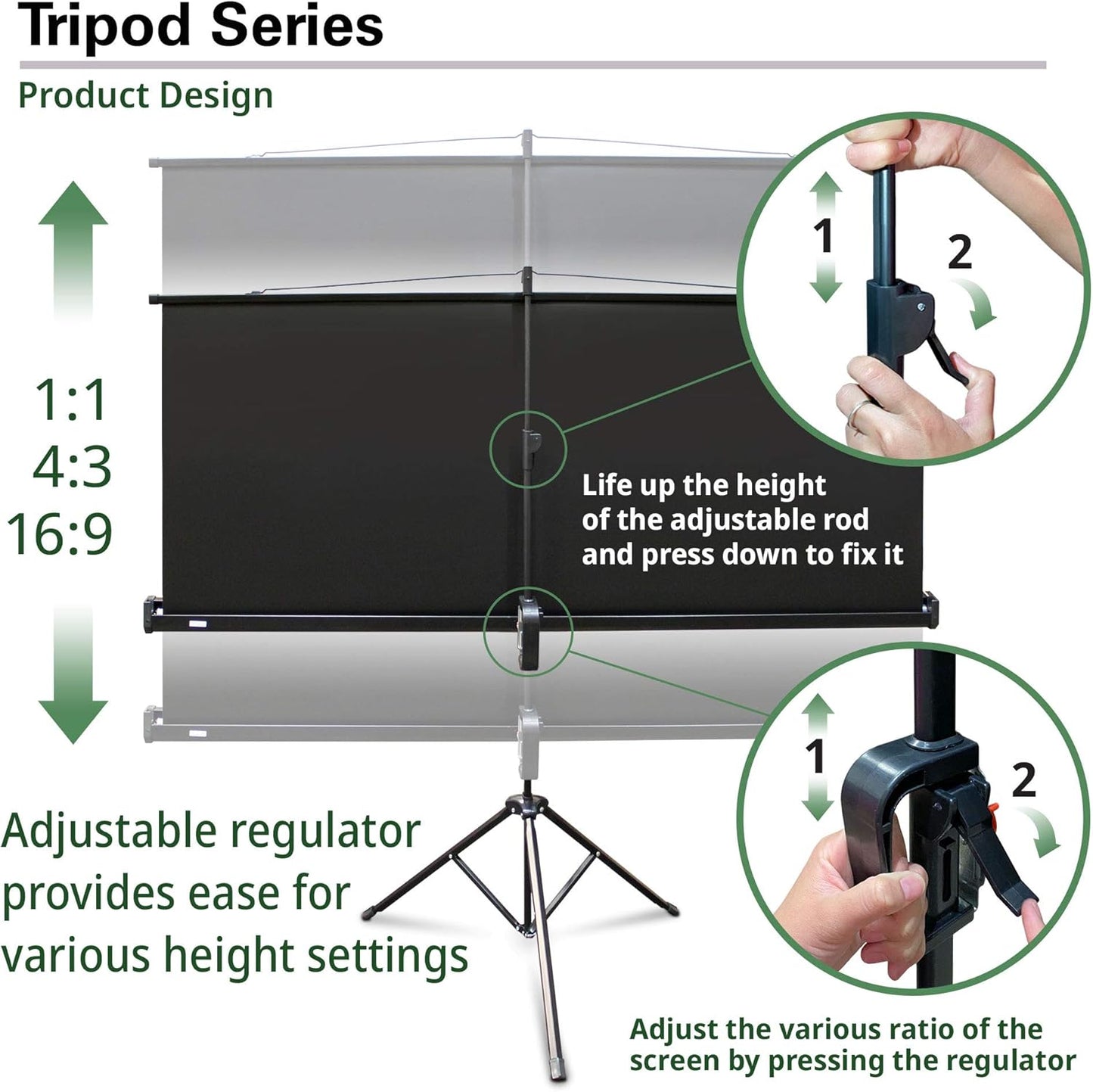 Elite Screens Tripod, 120-Inch 4:3 Portable Projector Screen with Stand– MaxWhite 2, 1.1 Gain, Adjustable Indoor Outdoor Pull Up Projection Screen for Home Theater, Office & Classroom, T120UWV1, Black