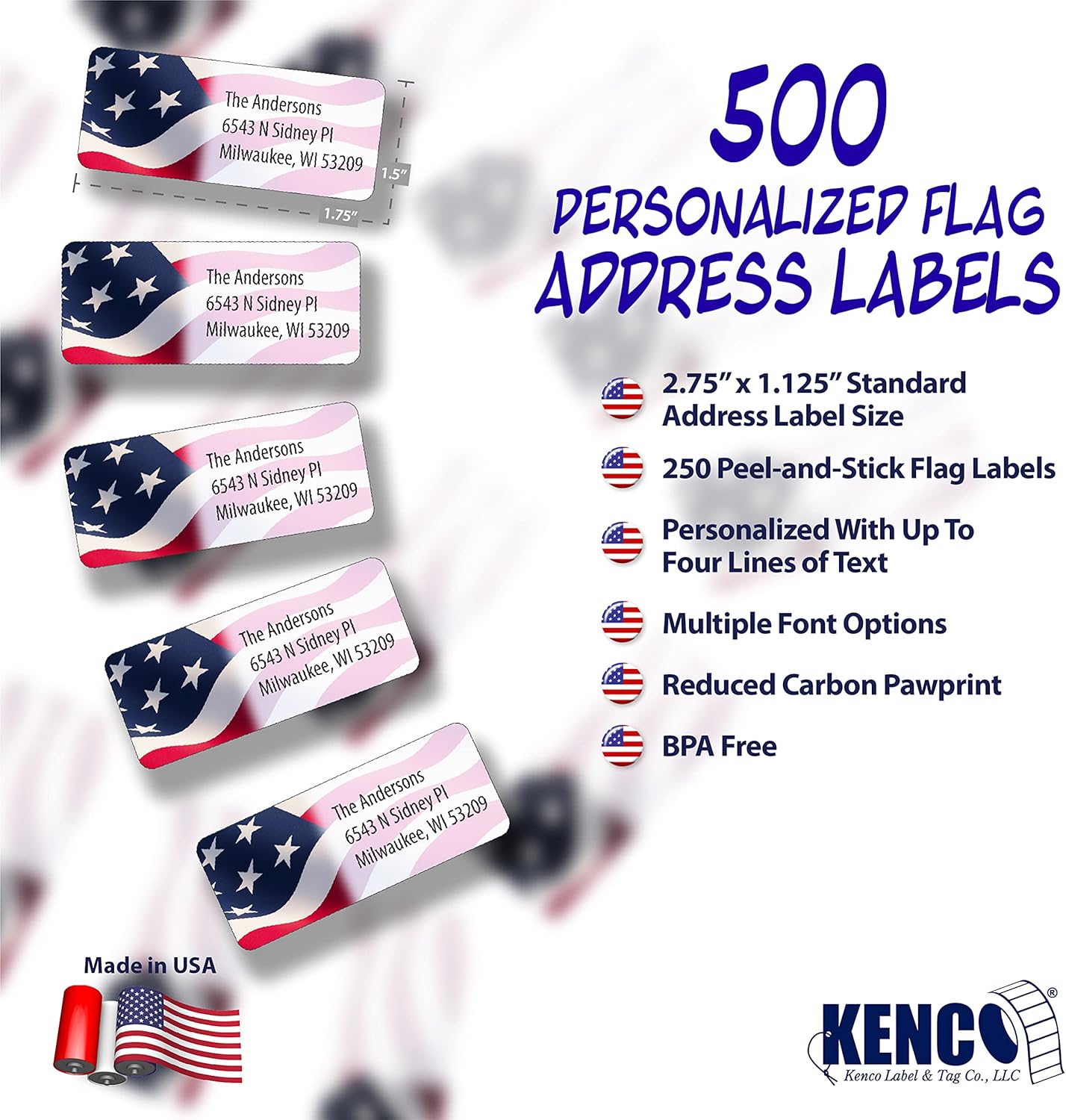 Customized Personalized Address Labels - Made in The USA by Kenco (500 Labels, American Flag)