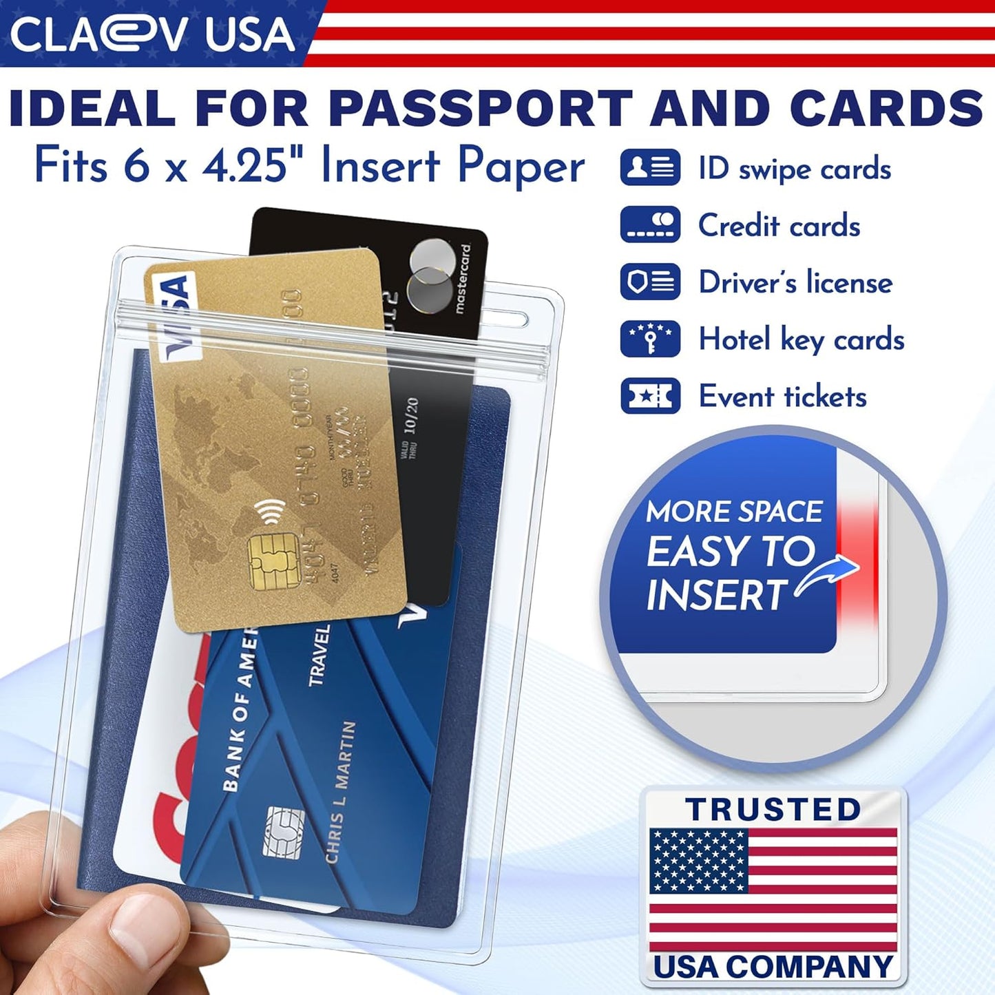 Claev Vertical 4x6 Passport & Card Holders (4x6 Extra Large (XXL), 10 Pack), Clear Waterproof ID Plastic Name Card Badge Holders for Travel, Conferences, Conventions