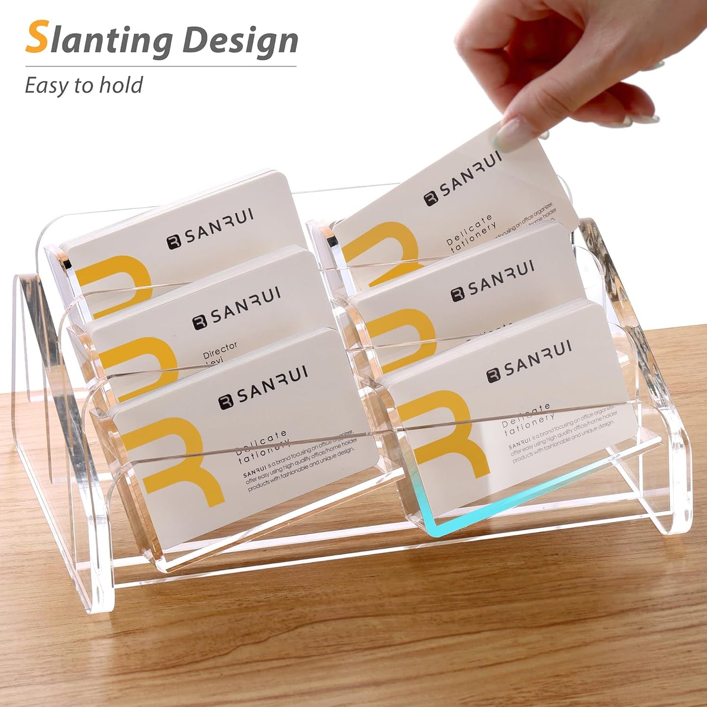 SANRUI Acrylic Business Card Holder for Desk, 3 Tier Clear Tilt Business Name Card Display Holders Stand Storage Organizer Fits 360 Business Cards (Horizontal, 6-Slot)