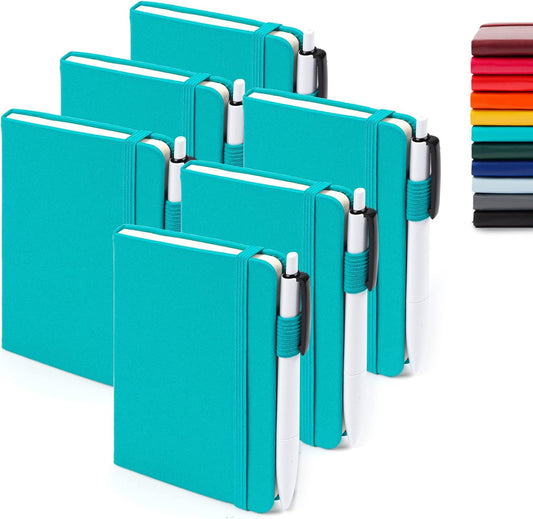 feela 6 Pack Pocket Mini Notebooks Bulk, Small Cute Memo Notepads Hardcover College Ruled Lined Journals with Pen Holder for School Business Work, with 6 Black Pens, 3.5”x 5.5”, A6, Emerald