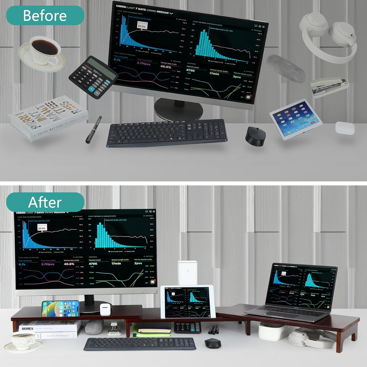 Nnewvante Large Dual Monitor Stand Riser, 60 inch Bamboo Monitor Stand with Adjustable Length and Angle, 3 Shelves Desktop Screen Riser for Computer Laptop PC, Walnut