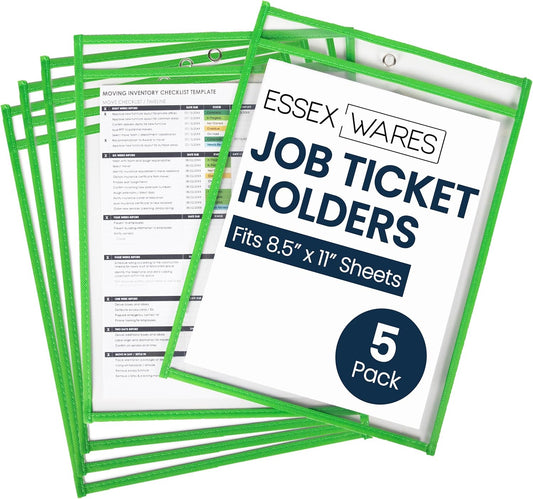 Essex Wares - 5 Pack, Green, Job Ticket Holders, 10" Wide x 13.5" Tall - Clear Plastic Shop Ticket Holders - Easy to Use, Reusable & Easy Erase Plastic Invoice Holders, Water-Resistant & Durable