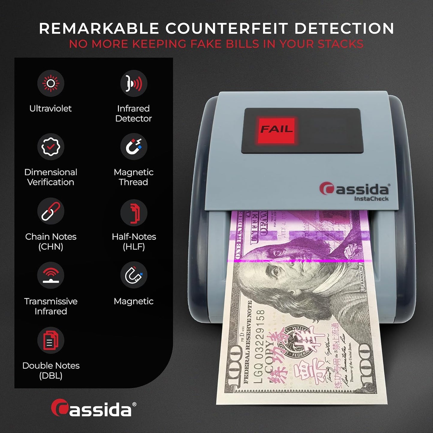 Cassida InstaCheck Small Footprint, Easy to Read Automatic Counterfeit Detector with Infrared, Magnetic and Ultraviolet Sensors, Compact and Lightweight Grey 11-3/4" x 9-1/2"
