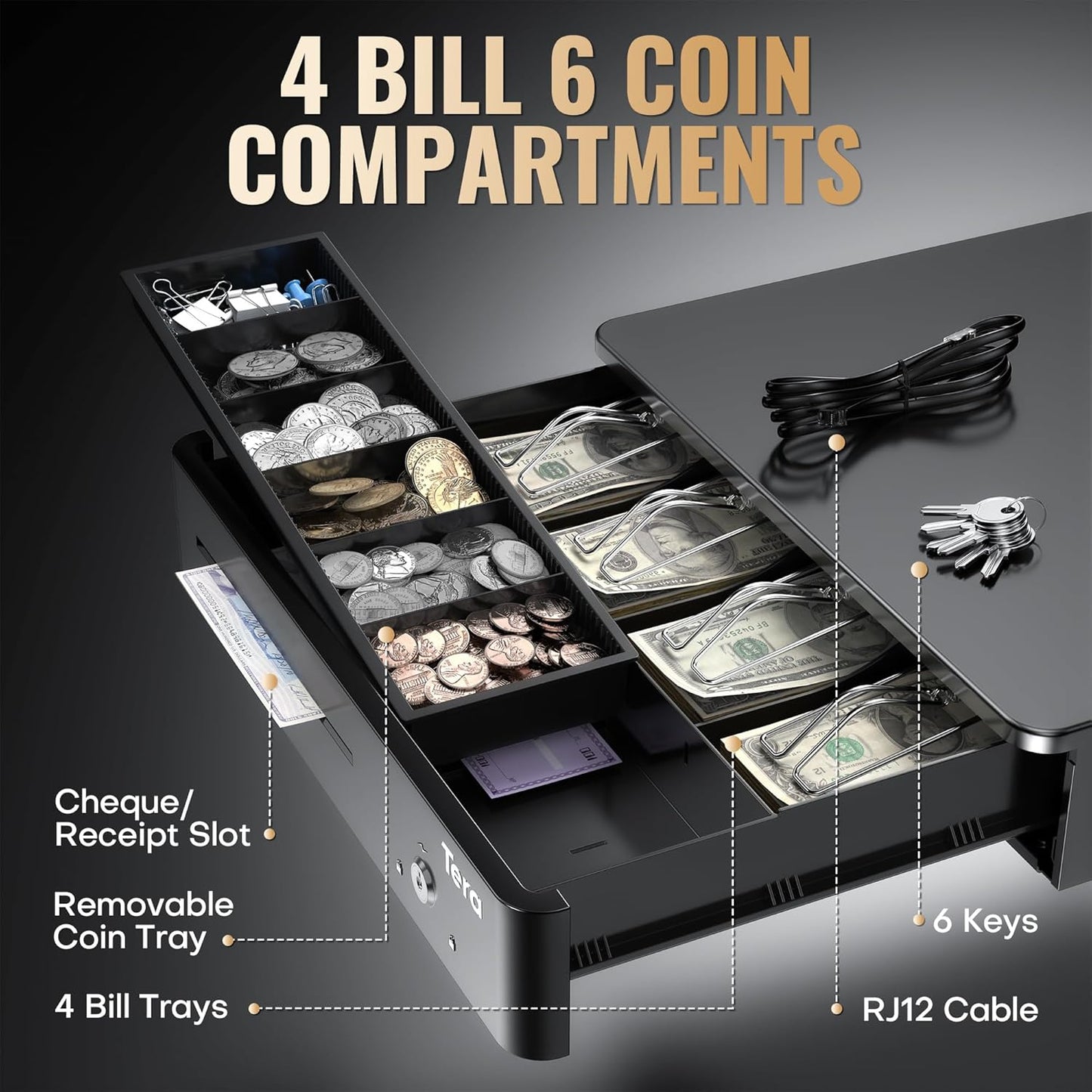 Tera 13" Auto Open Cash Register Drawer Heavy Duty Fully Removable Insert Tray 5 Keys 4 Bill 6 Coin Media Slot 24V RJ12 Key-Lock (Round Corner) for POS System Small Business 330R