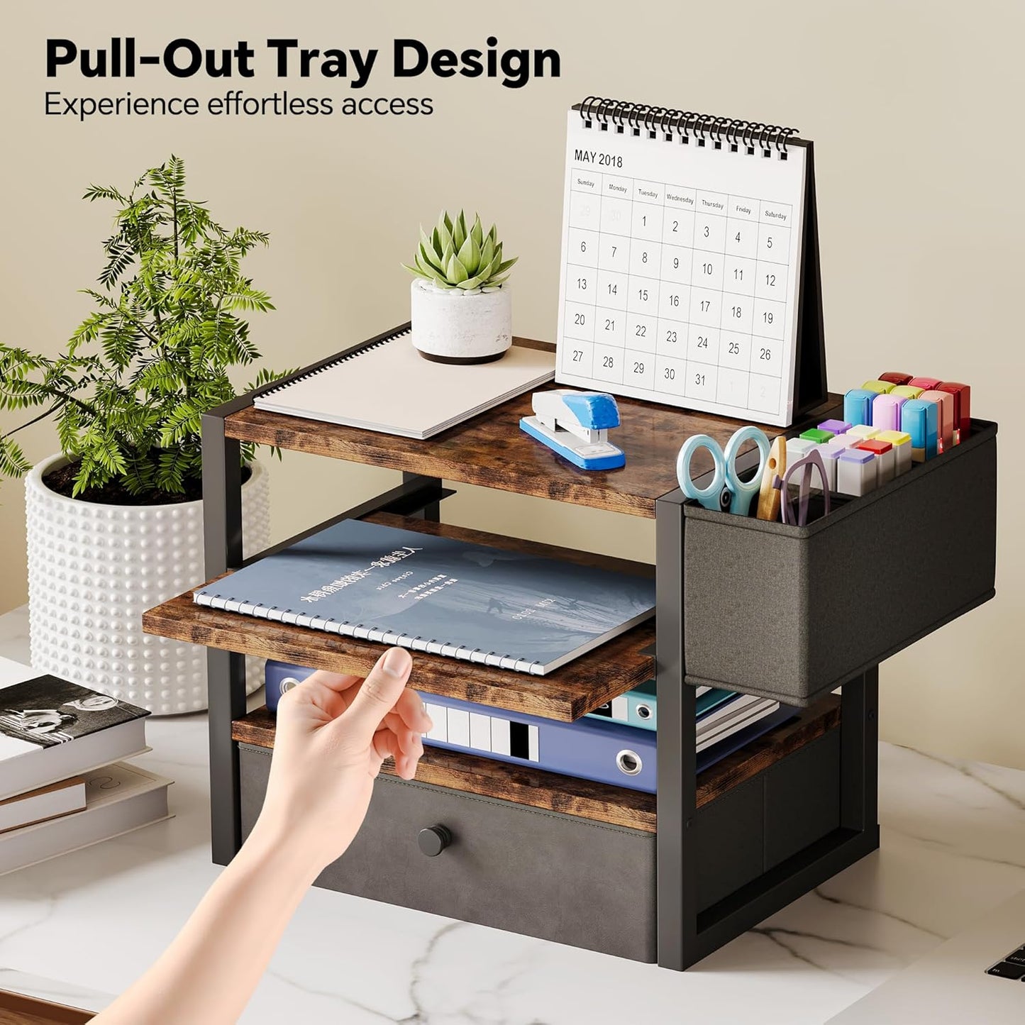 Desk Organizers and Accessories, 4-Tier Paper Letter Tray File Organizer with Fabric Drawer & 3 Pen Holder, Office Desk Accessories Workspace Desktop Organizer for Office Supplies, Rustic Brown