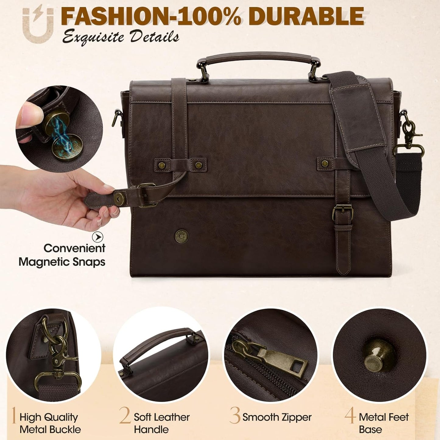 RAINSMORE Mens Messenger Bag 18 Inch Waterproof Vintage Leather Laptop Briefcase Large Laptop Bag Satchel Bag Computer Shoulder Bag for Office Business Travel College,Coffee