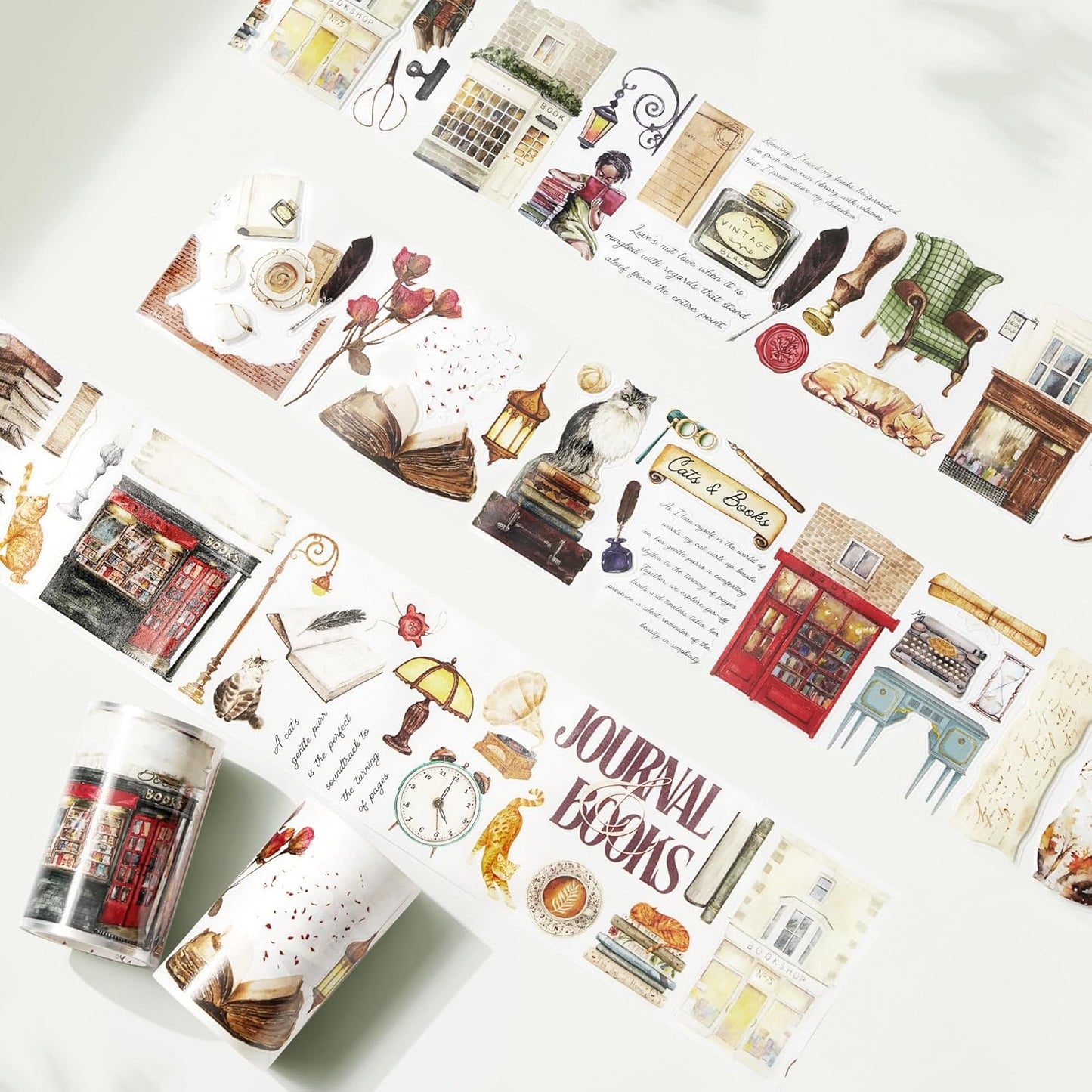 WT Pre-Cut Cats and Books Wide PET Tape, One Roll 5 Meters, Decorative Cute PET Tape for Bible Journaling, Bullet Journal Supplies,Scrapbooking Supplies,Planners, Party Decorations