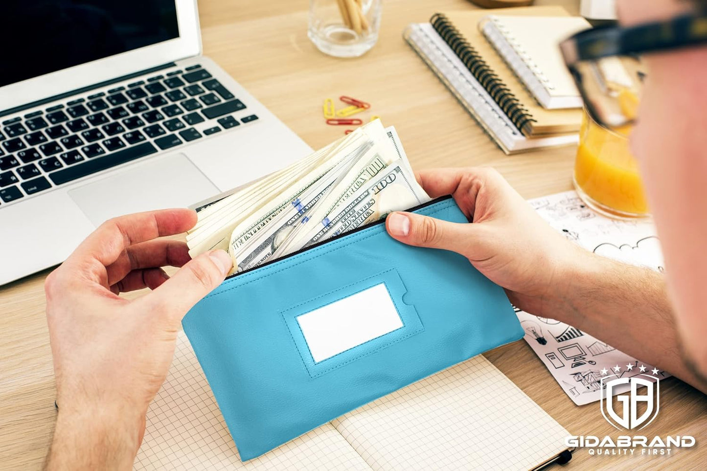 Money Bank Deposit Bag with Zipper | 11x6 inch | Light Blue | Durable Leatherette Money Cash Coin Check Wallet Pouch for Men & Women with Framed ID Window and Blank Card | by GIDABRAND (3)