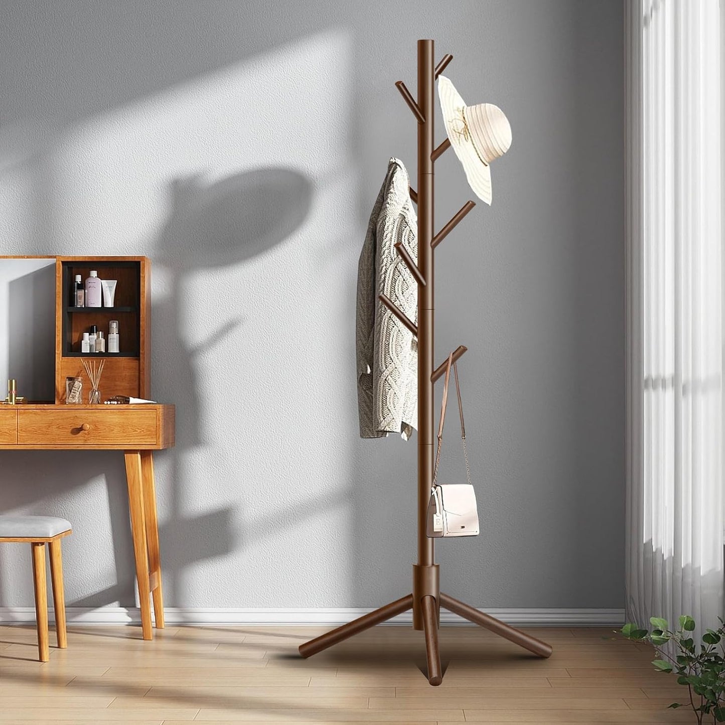 Wooden Coat Rack, Free Standing Coat Rack with 8 Hooks 3 Adjustable Heights for Clothes, Hats, Handbags, Coat Tree Easy Assembly for Entryway, Bedroom, Hallway, Office(2PCS)