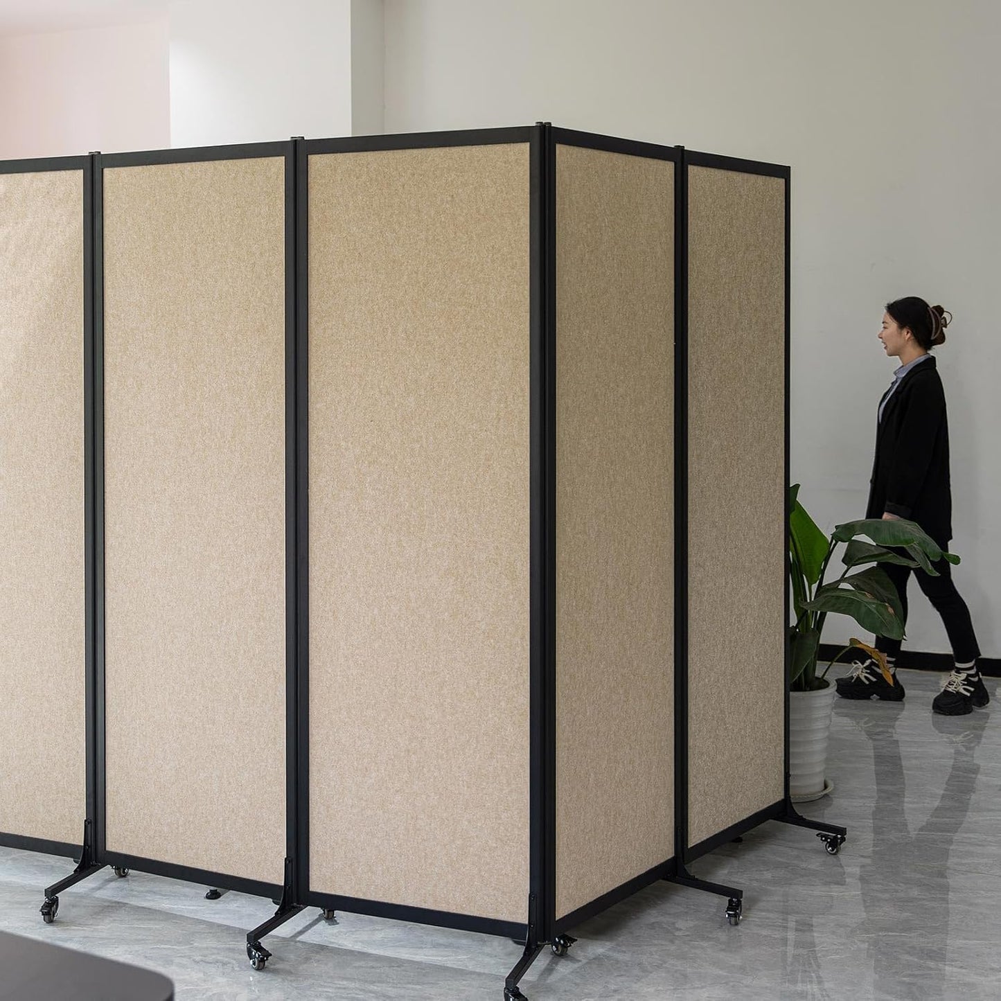 Upgrade Version Room Partition and Divider, Freestanding Rolling Dividers with Wheels,Office Privacy Screen Divider Wall,Classroom Felt Dividers,12'2"L* 6'7"H,6 Panel，Beige
